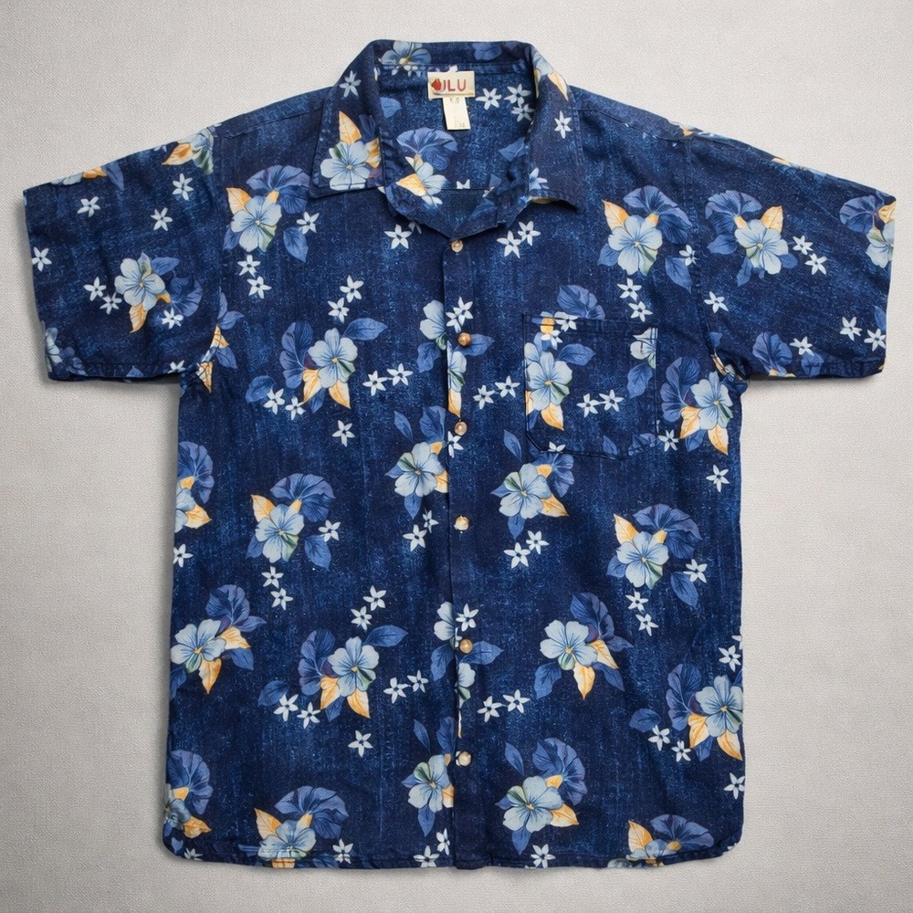 Cherokee Waikiki Wear Hawaiian Shirt Mens L Blue Floral Hibiscus Cotton Rayon